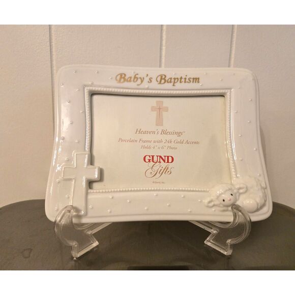 Vintage "Baby's Baptism" Porcelain Photo Frame w/Velvet Back by Gund Gifts - Picture 1 of 2